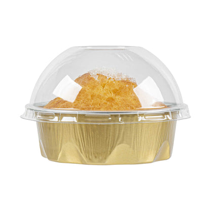 Pastry Tek 3 oz Round Gold Aluminum Baking Cup - with Plastic Dome Lid - 3 1/4" x 3 1/4" x 1" - 100 count box