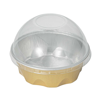 Pastry Tek 3 oz Round Gold Aluminum Baking Cup - with Plastic Dome Lid - 3 1/4" x 3 1/4" x 1" - 100 count box