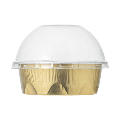 Pastry Tek 3 oz Round Gold Aluminum Baking Cup - with Plastic Dome Lid - 3 1/4" x 3 1/4" x 1" - 100 count box