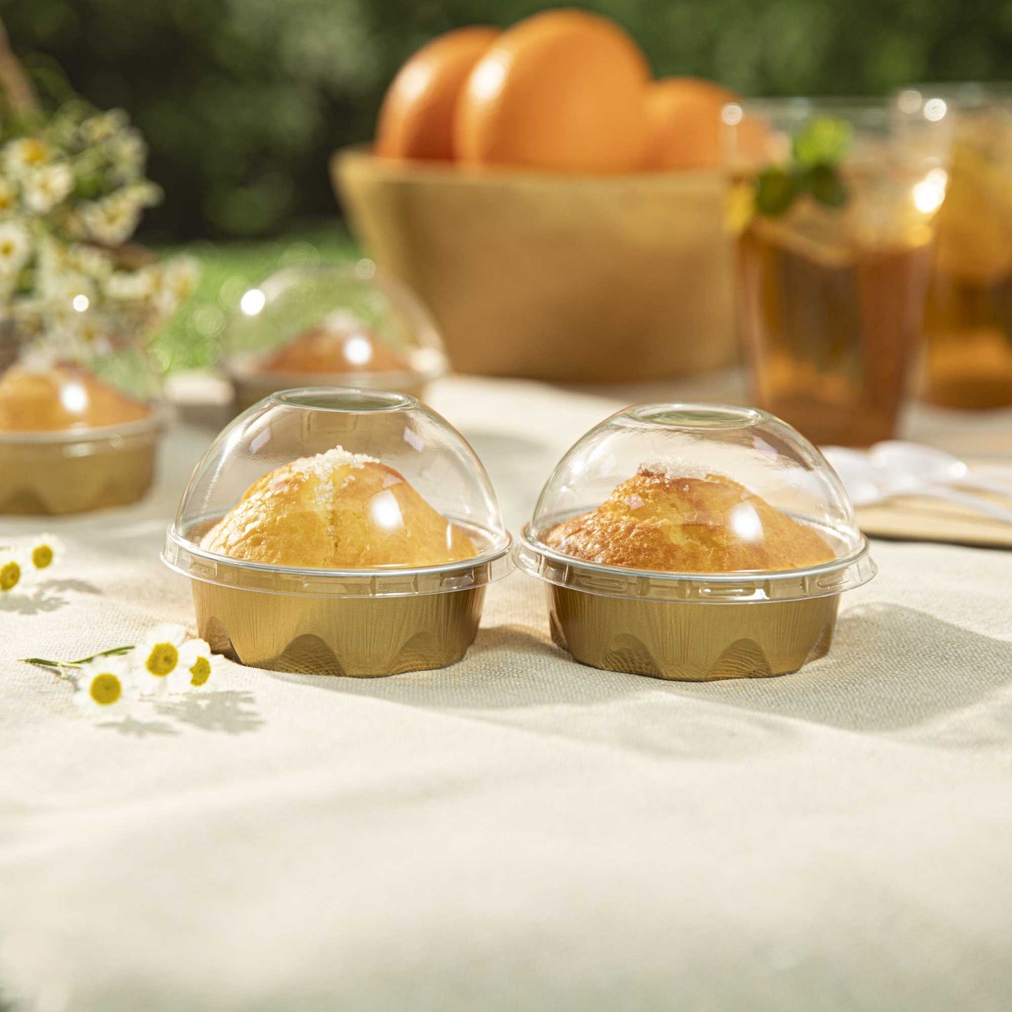 Pastry Tek 3 oz Round Gold Aluminum Baking Cup - with Plastic Dome Lid - 3 1/4" x 3 1/4" x 1" - 100 count box
