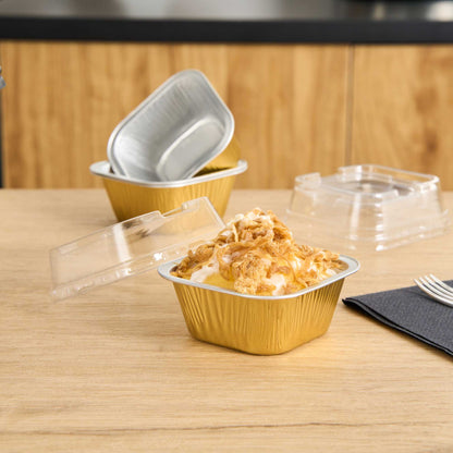 Pastry Tek 3 oz Square Gold Aluminum Baking Cup - with Plastic Dome Lid - 3" x 3" x 1 1/4" - 100 count box