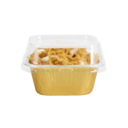 Pastry Tek 3 oz Square Gold Aluminum Baking Cup - with Plastic Dome Lid - 3" x 3" x 1 1/4" - 100 count box