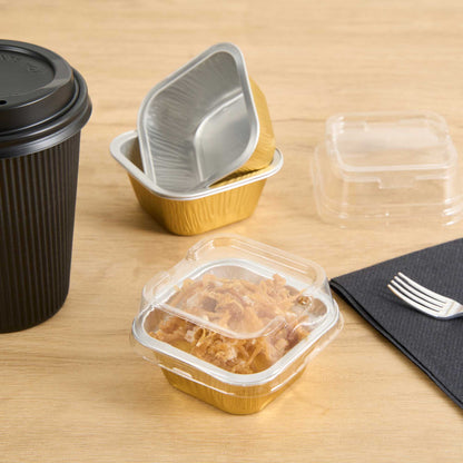 Pastry Tek 3 oz Square Gold Aluminum Baking Cup - with Plastic Dome Lid - 3" x 3" x 1 1/4" - 100 count box