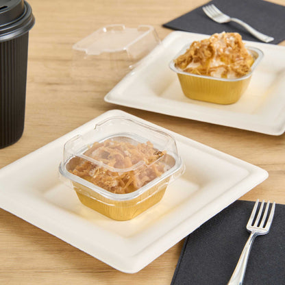 Pastry Tek 3 oz Square Gold Aluminum Baking Cup - with Plastic Dome Lid - 3" x 3" x 1 1/4" - 100 count box
