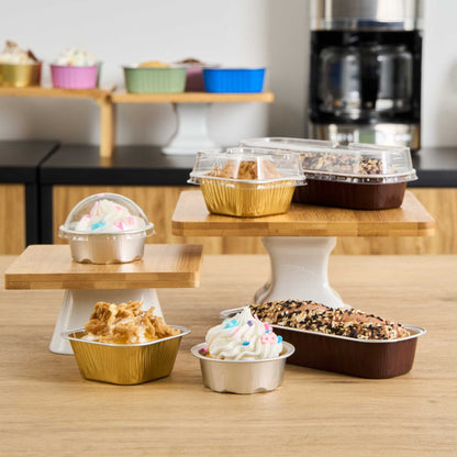 Pastry Tek 3 oz Square Gold Aluminum Baking Cup - with Plastic Dome Lid - 3" x 3" x 1 1/4" - 100 count box