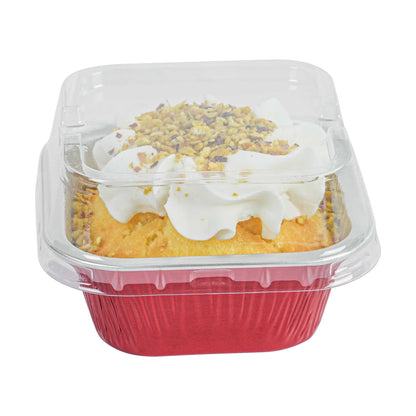 Pastry Tek 3 oz Square Red Aluminum Quadro Baking Cup - with Plastic Dome Lid - 3" x 3" x 1 1/4" - 100 count box