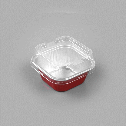 Pastry Tek 3 oz Square Red Aluminum Quadro Baking Cup - with Plastic Dome Lid - 3" x 3" x 1 1/4" - 100 count box