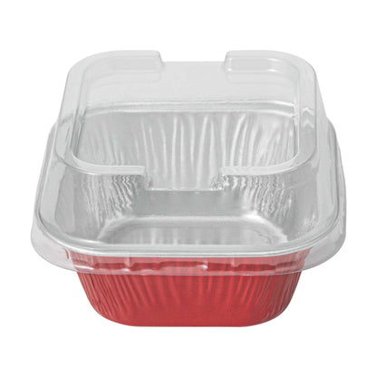 Pastry Tek 3 oz Square Red Aluminum Quadro Baking Cup - with Plastic Dome Lid - 3" x 3" x 1 1/4" - 100 count box