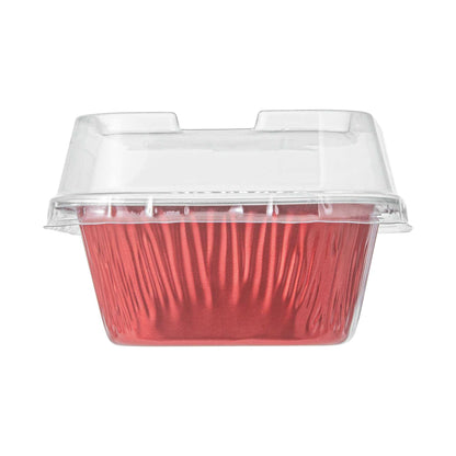 Pastry Tek 3 oz Square Red Aluminum Quadro Baking Cup - with Plastic Dome Lid - 3" x 3" x 1 1/4" - 100 count box