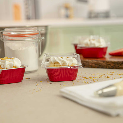 Pastry Tek 3 oz Square Red Aluminum Quadro Baking Cup - with Plastic Dome Lid - 3" x 3" x 1 1/4" - 100 count box