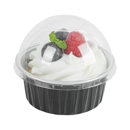 Pastry Tek 4 oz Round Black Aluminum Baking Cup - with Plastic Dome Lid - 3 1/4" x 3 1/4" x 1 1/2" - 100 count box