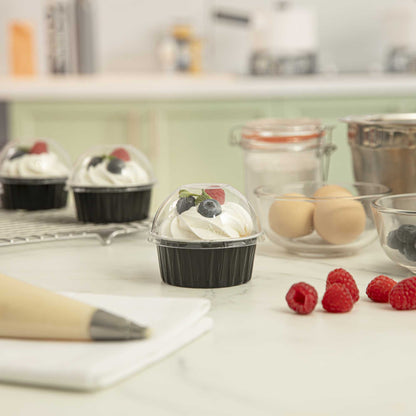 Pastry Tek 4 oz Round Black Aluminum Baking Cup - with Plastic Dome Lid - 3 1/4" x 3 1/4" x 1 1/2" - 100 count box