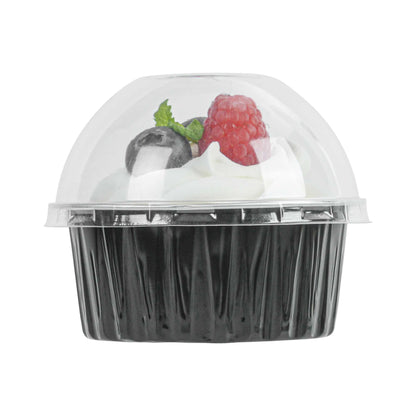 Pastry Tek 4 oz Round Black Aluminum Baking Cup - with Plastic Dome Lid - 3 1/4" x 3 1/4" x 1 1/2" - 100 count box