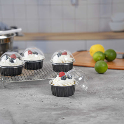 Pastry Tek 4 oz Round Black Aluminum Baking Cup - with Plastic Dome Lid - 3 1/4" x 3 1/4" x 1 1/2" - 100 count box