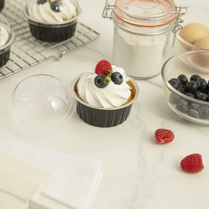 Pastry Tek 4 oz Round Black Aluminum Baking Cup - with Plastic Dome Lid - 3 1/4" x 3 1/4" x 1 1/2" - 100 count box