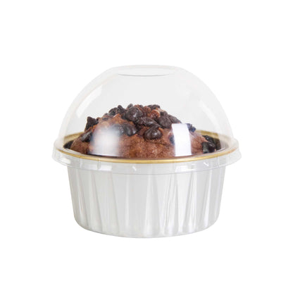 Pastry Tek 4 oz Round Silver Aluminum Baking Cup - Inner Gold, with Plastic Dome Lid - 3 1/4" x 3 1/4" x 1 1/2" - 100 count box