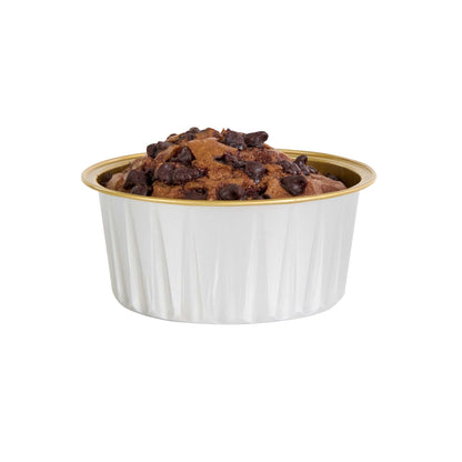 Pastry Tek 4 oz Round Silver Aluminum Baking Cup - Inner Gold, with Plastic Dome Lid - 3 1/4" x 3 1/4" x 1 1/2" - 100 count box