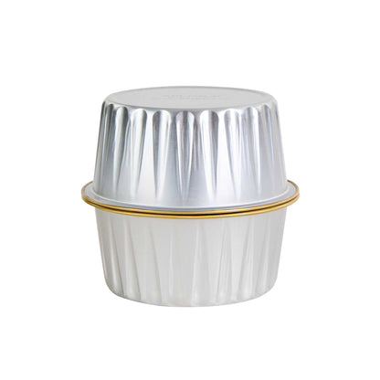 Pastry Tek 4 oz Round Silver Aluminum Baking Cup - Inner Gold, with Plastic Dome Lid - 3 1/4" x 3 1/4" x 1 1/2" - 100 count box