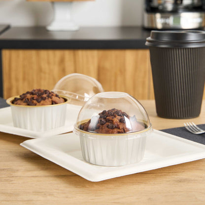 Pastry Tek 4 oz Round Silver Aluminum Baking Cup - Inner Gold, with Plastic Dome Lid - 3 1/4" x 3 1/4" x 1 1/2" - 100 count box