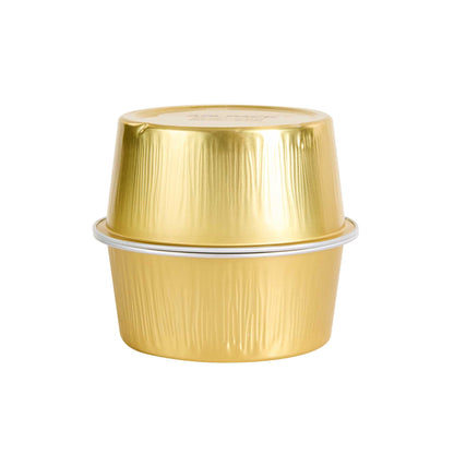 Pastry Tek 4 oz Round Gold Aluminum Baking Cup - with Plastic Dome Lid - 3 1/4" x 3 1/4" x 1 1/2" - 100 count box