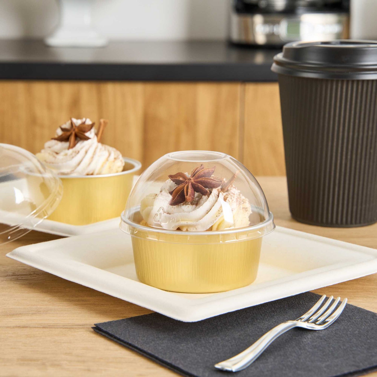 Pastry Tek 4 oz Round Gold Aluminum Baking Cup - with Plastic Dome Lid - 3 1/4" x 3 1/4" x 1 1/2" - 100 count box