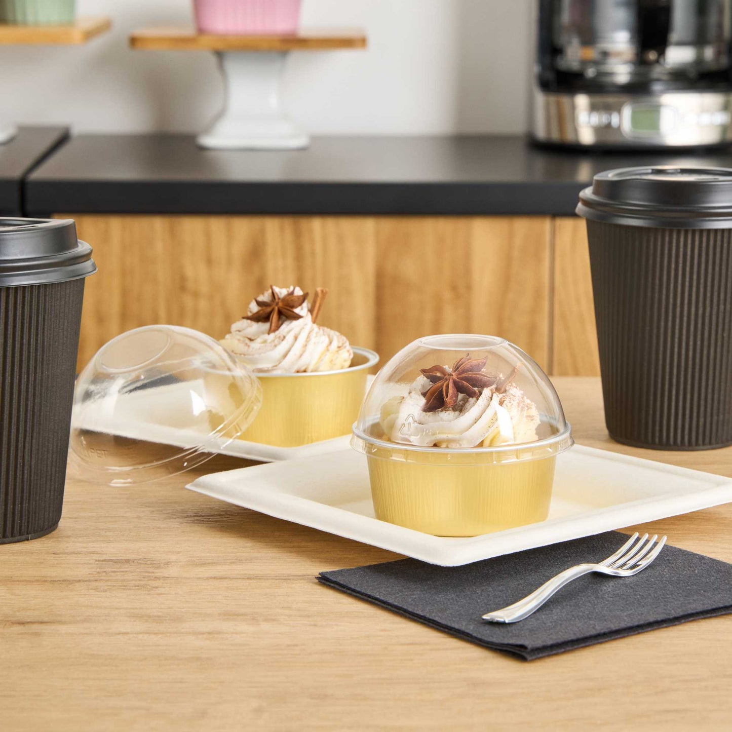 Pastry Tek 4 oz Round Gold Aluminum Baking Cup - with Plastic Dome Lid - 3 1/4" x 3 1/4" x 1 1/2" - 100 count box