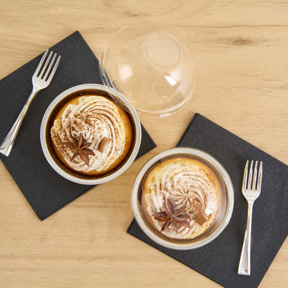 Pastry Tek 4 oz Round Gold Aluminum Baking Cup - with Plastic Dome Lid - 3 1/4" x 3 1/4" x 1 1/2" - 100 count box