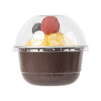 Pastry Tek 5 oz Round Coffee Aluminum Baking Cup - with Plastic Dome Lid - 3 1/4" x 3 1/4" x 1 3/4" - 100 count box