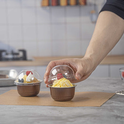 Pastry Tek 5 oz Round Coffee Aluminum Baking Cup - with Plastic Dome Lid - 3 1/4" x 3 1/4" x 1 3/4" - 100 count box