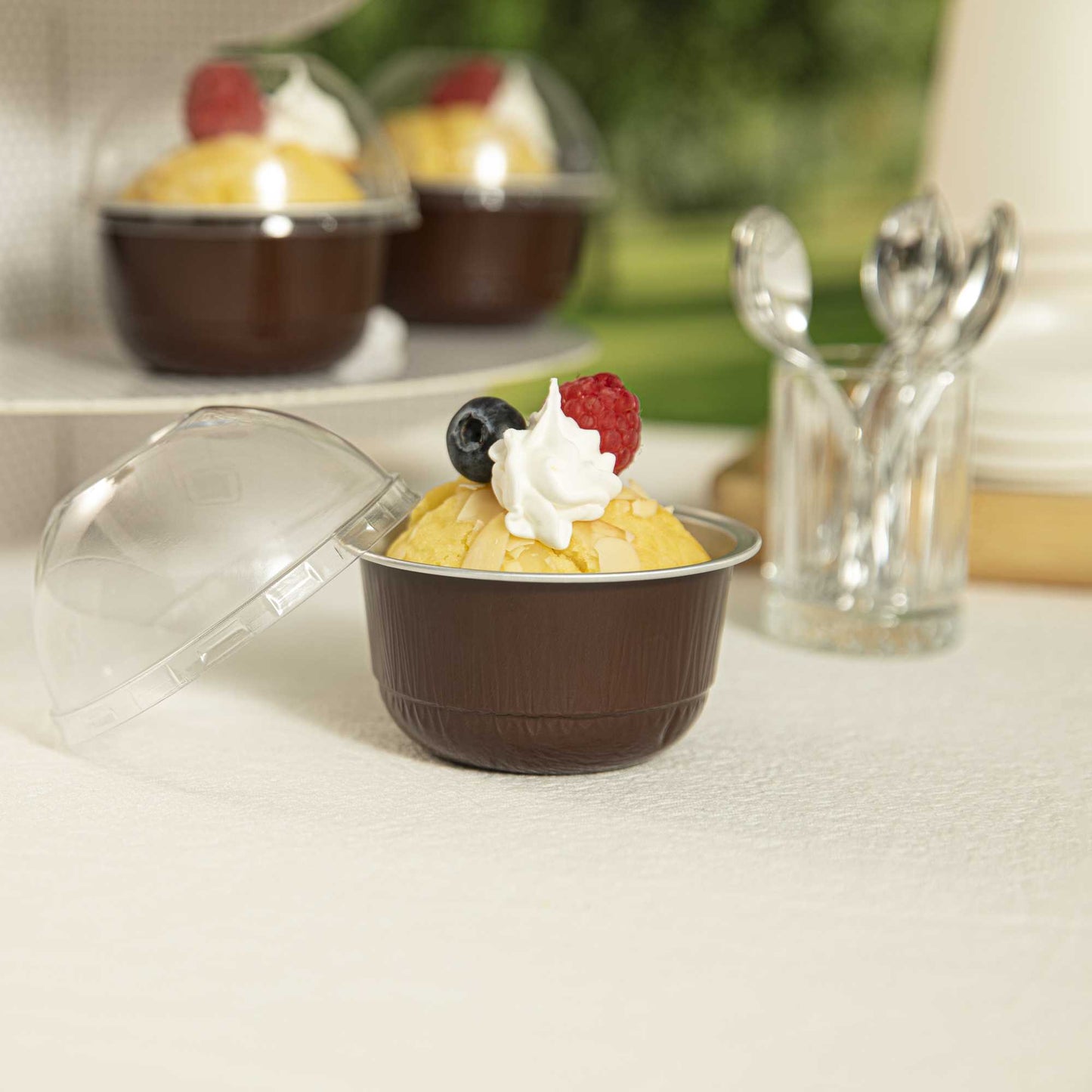 Pastry Tek 5 oz Round Coffee Aluminum Baking Cup - with Plastic Dome Lid - 3 1/4" x 3 1/4" x 1 3/4" - 100 count box