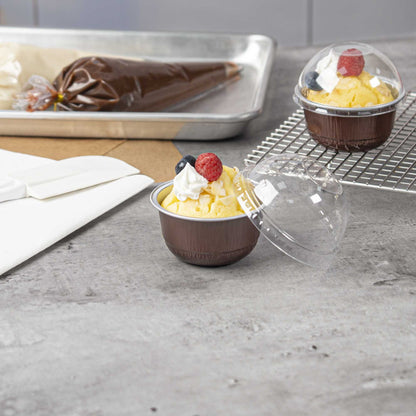 Pastry Tek 5 oz Round Coffee Aluminum Baking Cup - with Plastic Dome Lid - 3 1/4" x 3 1/4" x 1 3/4" - 100 count box