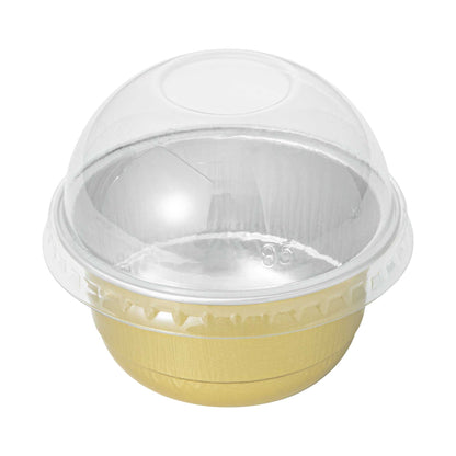Pastry Tek 5 oz Round Gold Aluminum Baking Cup - with Plastic Dome Lid - 3 1/4" x 3 1/4" x 1 3/4" - 100 count box