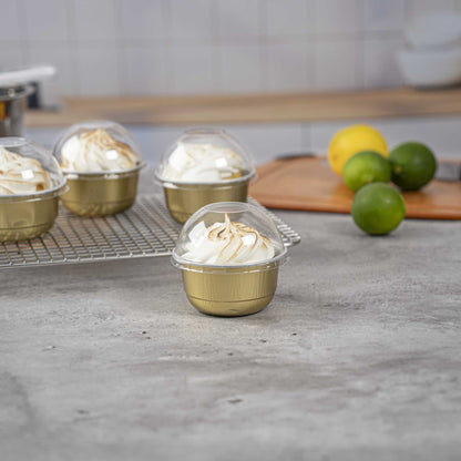 Pastry Tek 5 oz Round Gold Aluminum Baking Cup - with Plastic Dome Lid - 3 1/4" x 3 1/4" x 1 3/4" - 100 count box
