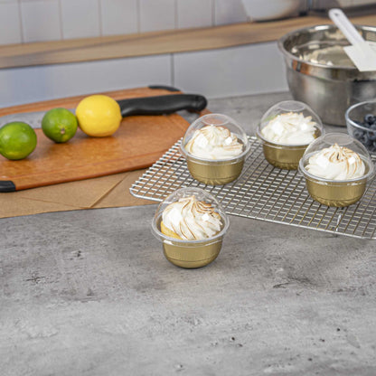 Pastry Tek 5 oz Round Gold Aluminum Baking Cup - with Plastic Dome Lid - 3 1/4" x 3 1/4" x 1 3/4" - 100 count box