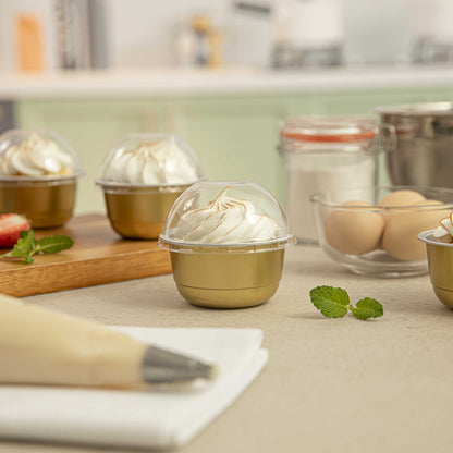 Pastry Tek 5 oz Round Gold Aluminum Baking Cup - with Plastic Dome Lid - 3 1/4" x 3 1/4" x 1 3/4" - 100 count box