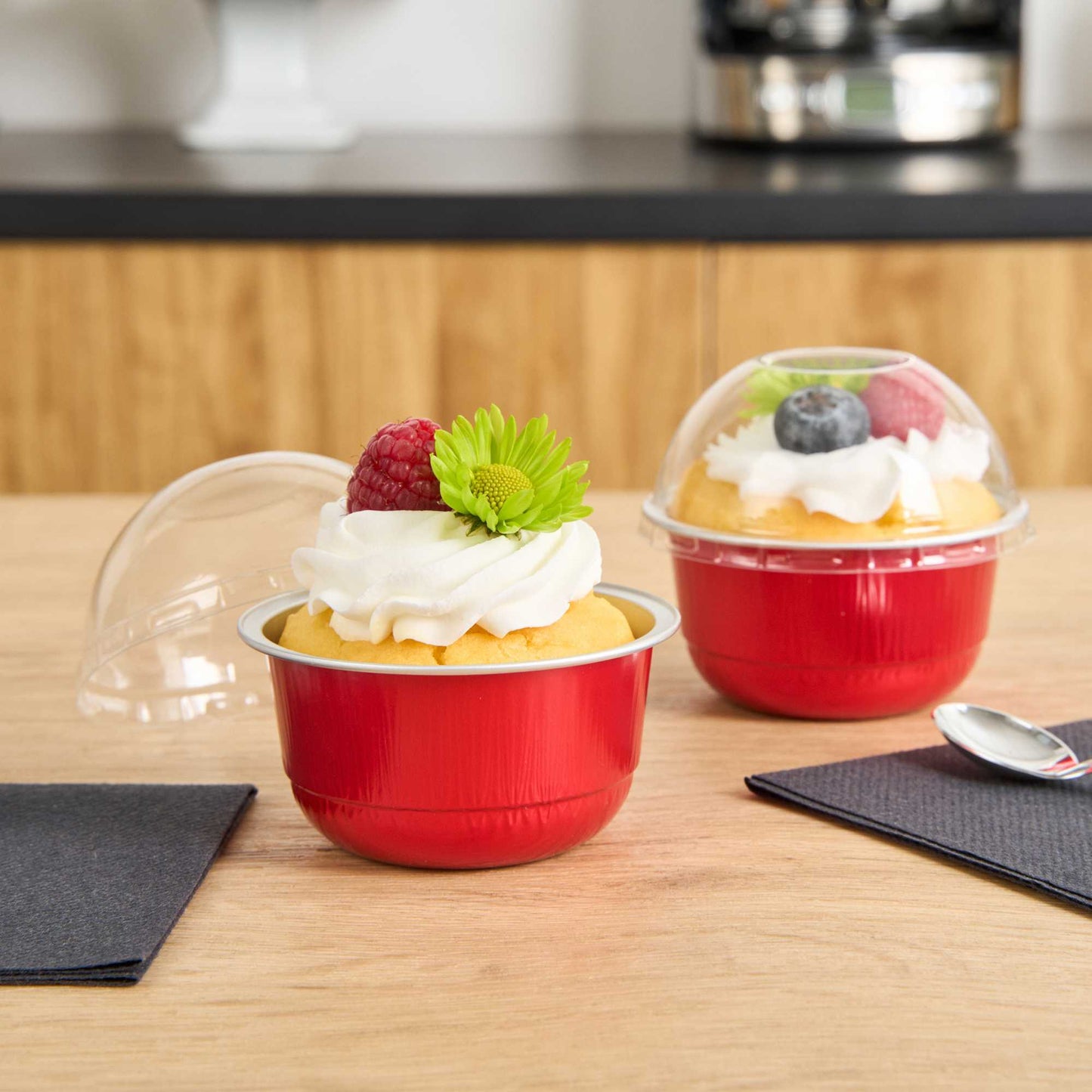 Pastry Tek 5 oz Round Red Aluminum Baking Cup - with Plastic Dome Lid - 3 1/4" x 3 1/4" x 1 3/4" - 100 count box