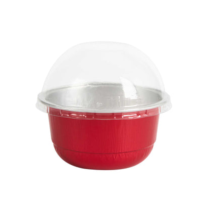 Pastry Tek 5 oz Round Red Aluminum Baking Cup - with Plastic Dome Lid - 3 1/4" x 3 1/4" x 1 3/4" - 100 count box