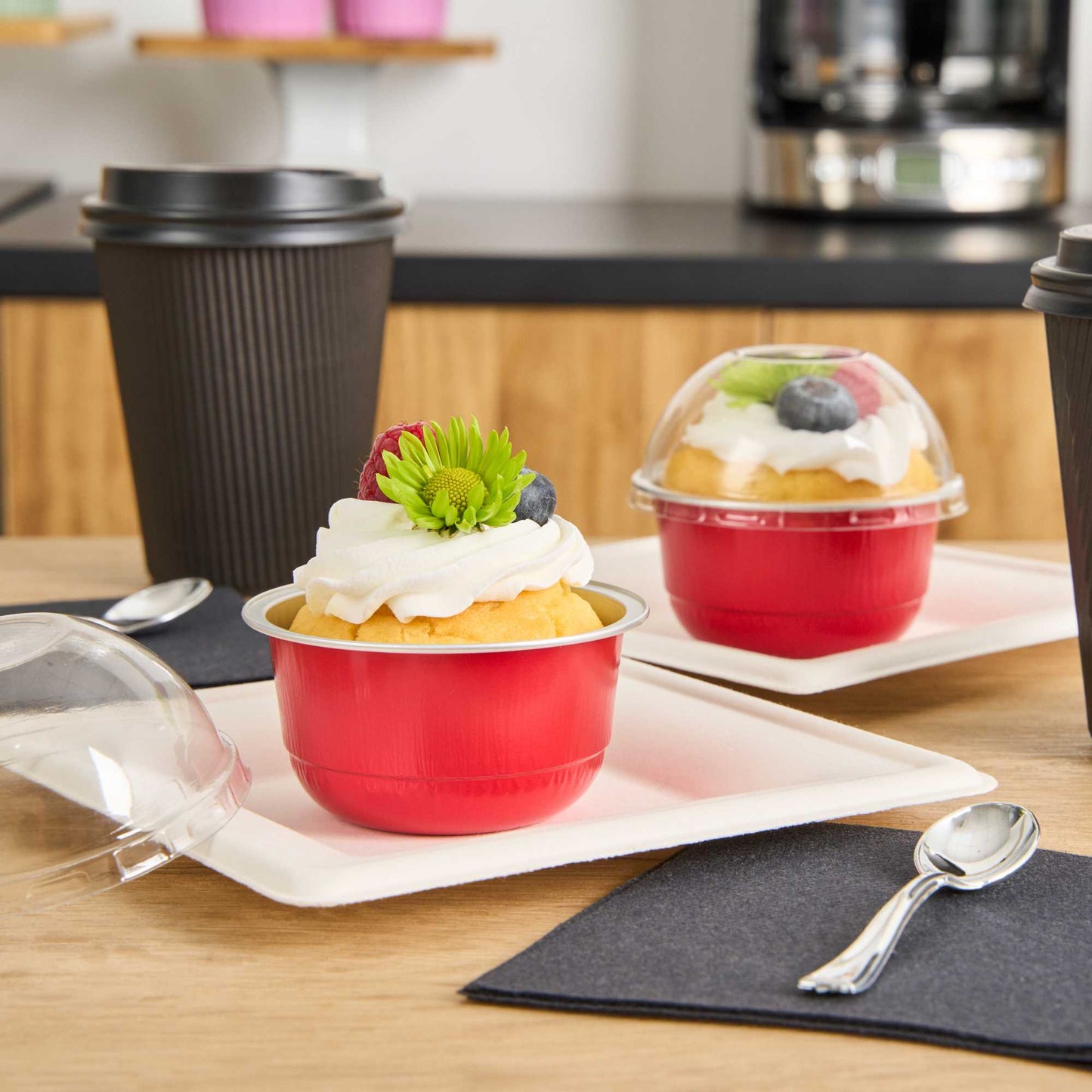 Pastry Tek 5 oz Round Red Aluminum Baking Cup - with Plastic Dome Lid - 3 1/4" x 3 1/4" x 1 3/4" - 100 count box