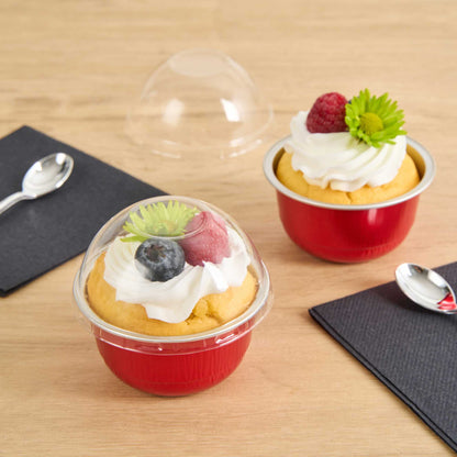 Pastry Tek 5 oz Round Red Aluminum Baking Cup - with Plastic Dome Lid - 3 1/4" x 3 1/4" x 1 3/4" - 100 count box