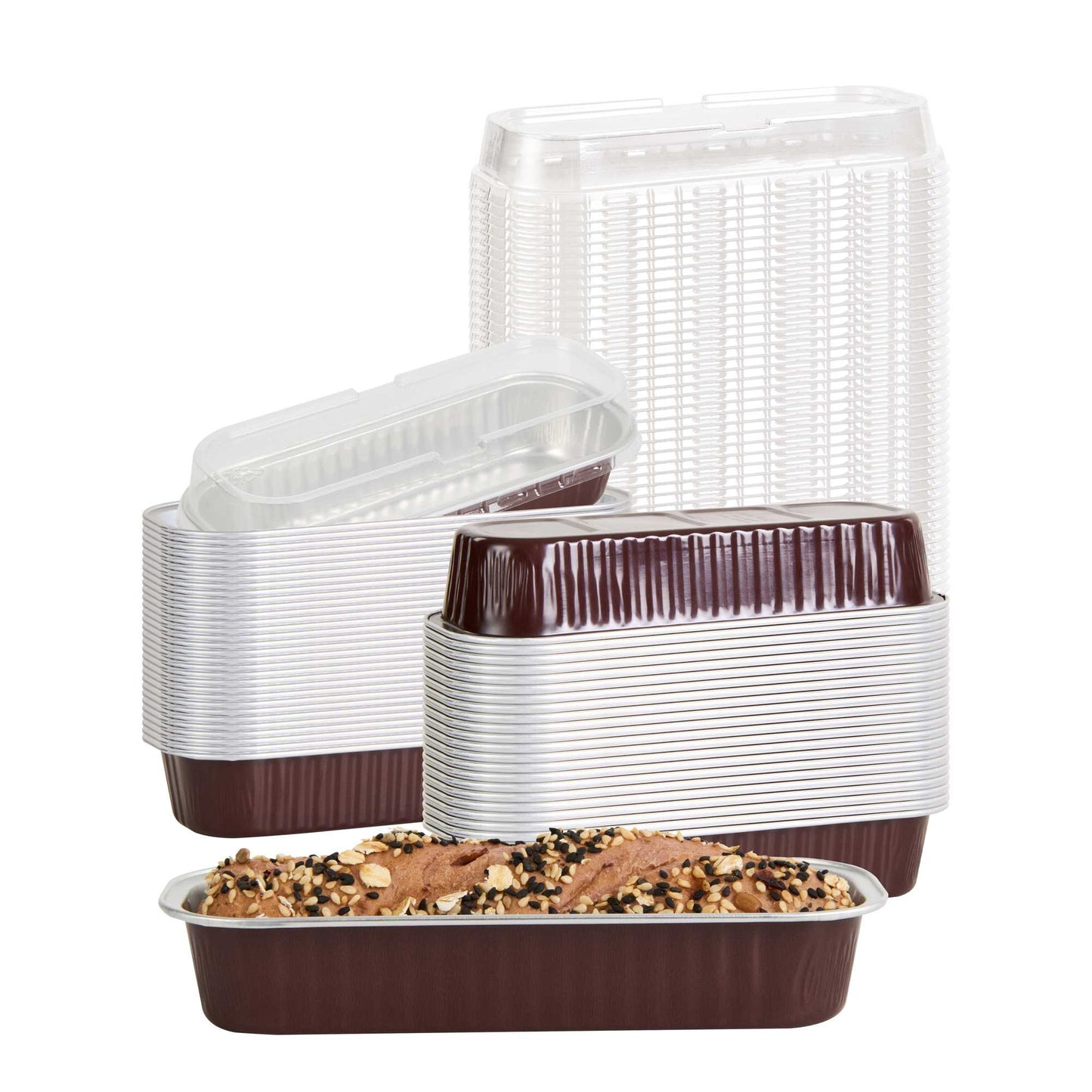 Pastry Tek 7 oz Rectangle Coffee Aluminum Baking Loaf Pan - with Plastic Dome Lid - 6 1/2" x 2 1/2" x 1 1/4" - 100 count box
