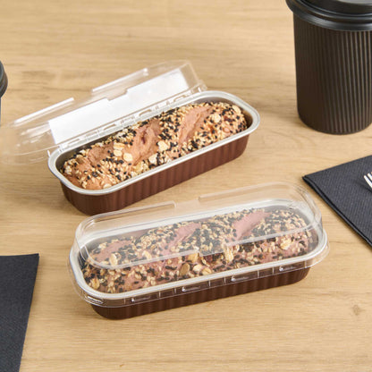 Pastry Tek 7 oz Rectangle Coffee Aluminum Baking Loaf Pan - with Plastic Dome Lid - 6 1/2" x 2 1/2" x 1 1/4" - 100 count box