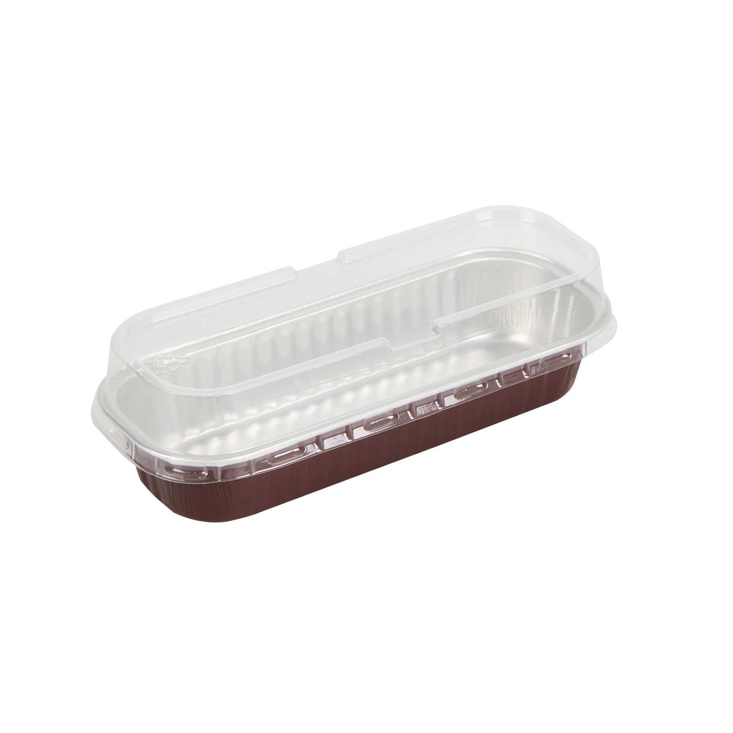 Pastry Tek 7 oz Rectangle Coffee Aluminum Baking Loaf Pan - with Plastic Dome Lid - 6 1/2" x 2 1/2" x 1 1/4" - 100 count box