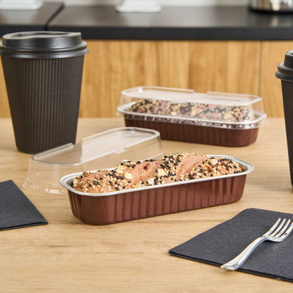 Pastry Tek 7 oz Rectangle Coffee Aluminum Baking Loaf Pan - with Plastic Dome Lid - 6 1/2" x 2 1/2" x 1 1/4" - 100 count box