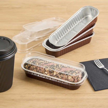 Pastry Tek 7 oz Rectangle Coffee Aluminum Baking Loaf Pan - with Plastic Dome Lid - 6 1/2" x 2 1/2" x 1 1/4" - 100 count box