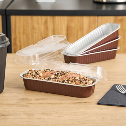 Pastry Tek 7 oz Rectangle Coffee Aluminum Baking Loaf Pan - with Plastic Dome Lid - 6 1/2" x 2 1/2" x 1 1/4" - 100 count box
