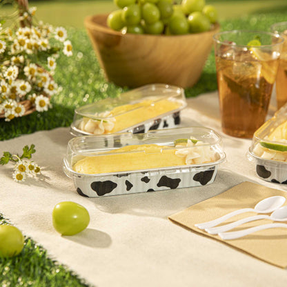 7 oz Rectangle Cow Lines Aluminum Baking Loaf Pan - with Plastic Dome Lid - 6 1/2" x 2 1/2" x 1 1/4" - 100 count box