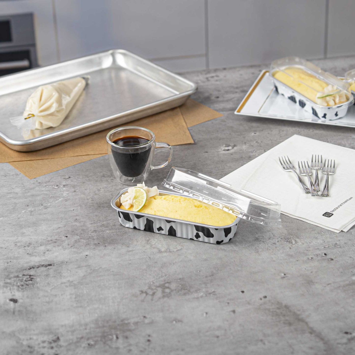 7 oz Rectangle Cow Lines Aluminum Baking Loaf Pan - with Plastic Dome Lid - 6 1/2" x 2 1/2" x 1 1/4" - 100 count box