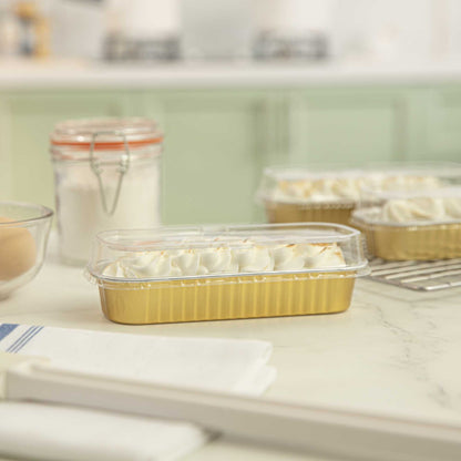 7 oz Rectangle Gold Aluminum Baking Loaf Pan - with Plastic Dome Lid - 6 1/2" x 2 1/2" x 1 1/4" - 100 count box