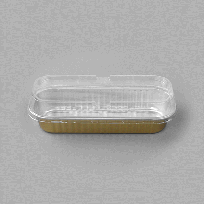 7 oz Rectangle Gold Aluminum Baking Loaf Pan - with Plastic Dome Lid - 6 1/2" x 2 1/2" x 1 1/4" - 100 count box