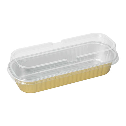7 oz Rectangle Gold Aluminum Baking Loaf Pan - with Plastic Dome Lid - 6 1/2" x 2 1/2" x 1 1/4" - 100 count box
